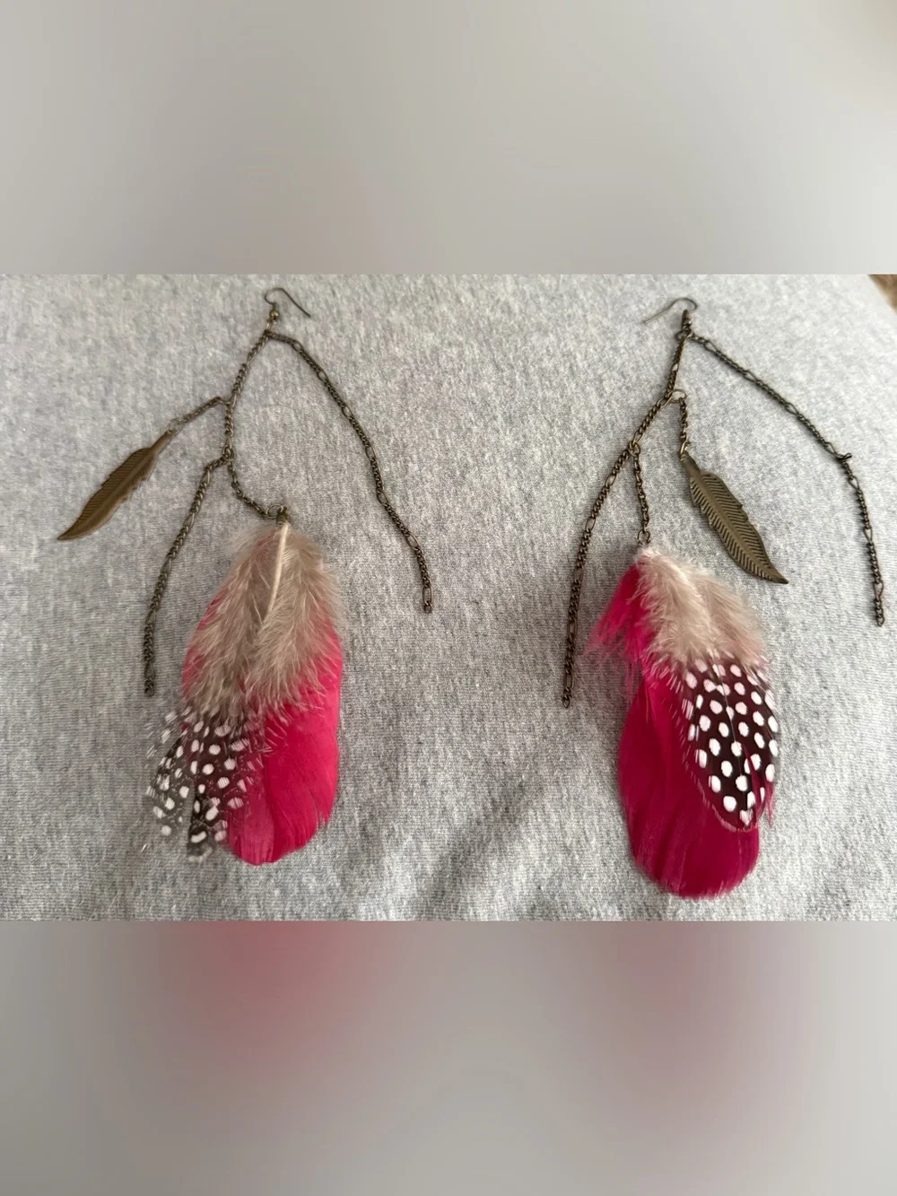 Boho Pink Feather Drop Earrings with Brass Leaf